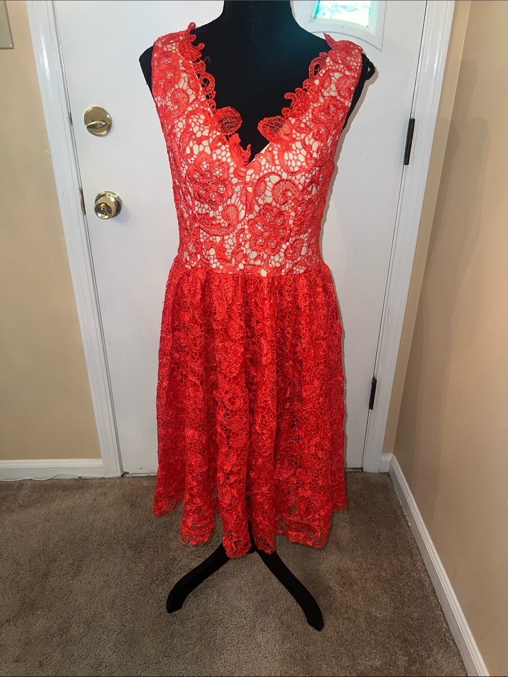 Women's Red-Orange Lace V-Neck Dress